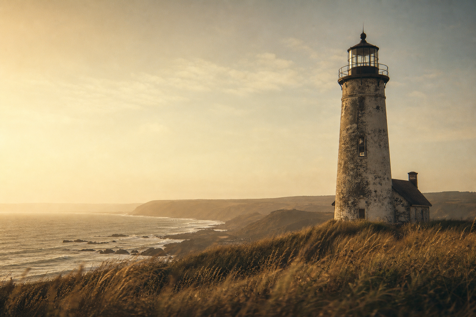 Weathered coastal lighthouse on a northern shoreline under soft late-day light with gentle sea haze