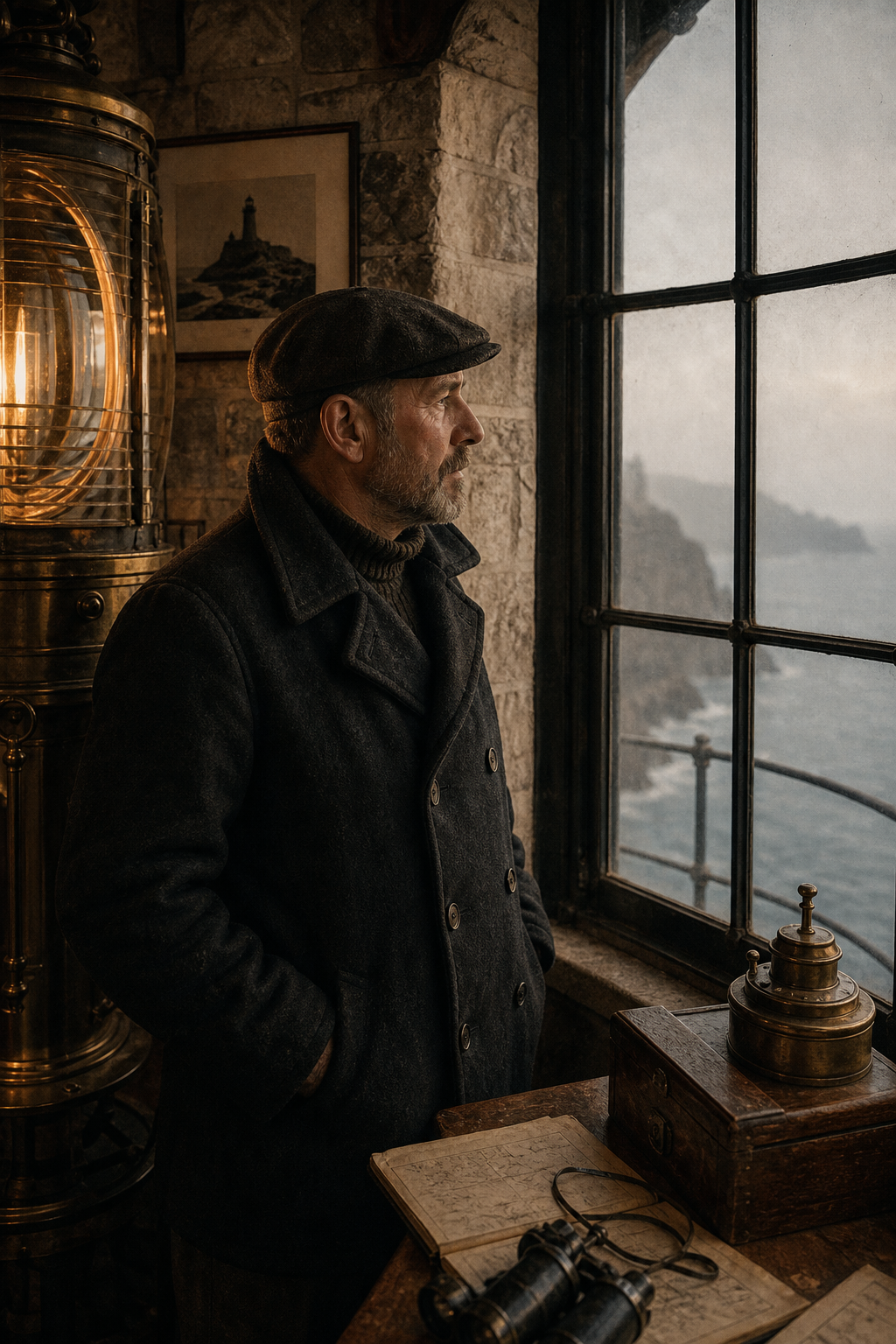 Archival-style portrait of a lighthouse keeper standing near a lantern window in moody coastal light