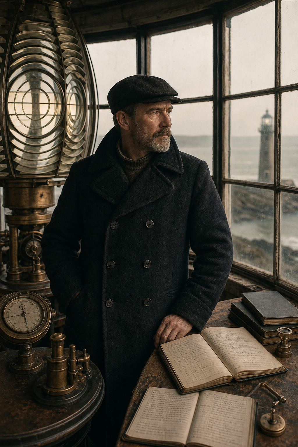 Portrait scene of a lighthouse keeper in a dark wool coat beside brass instruments and logbooks inside a lantern room