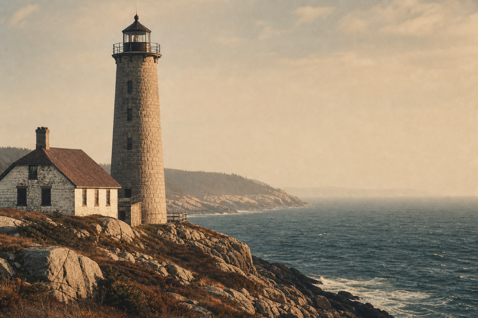 Wide exterior view of a granite lighthouse on a northern headland at late afternoon, with low warm sunlight and gentle sea haze