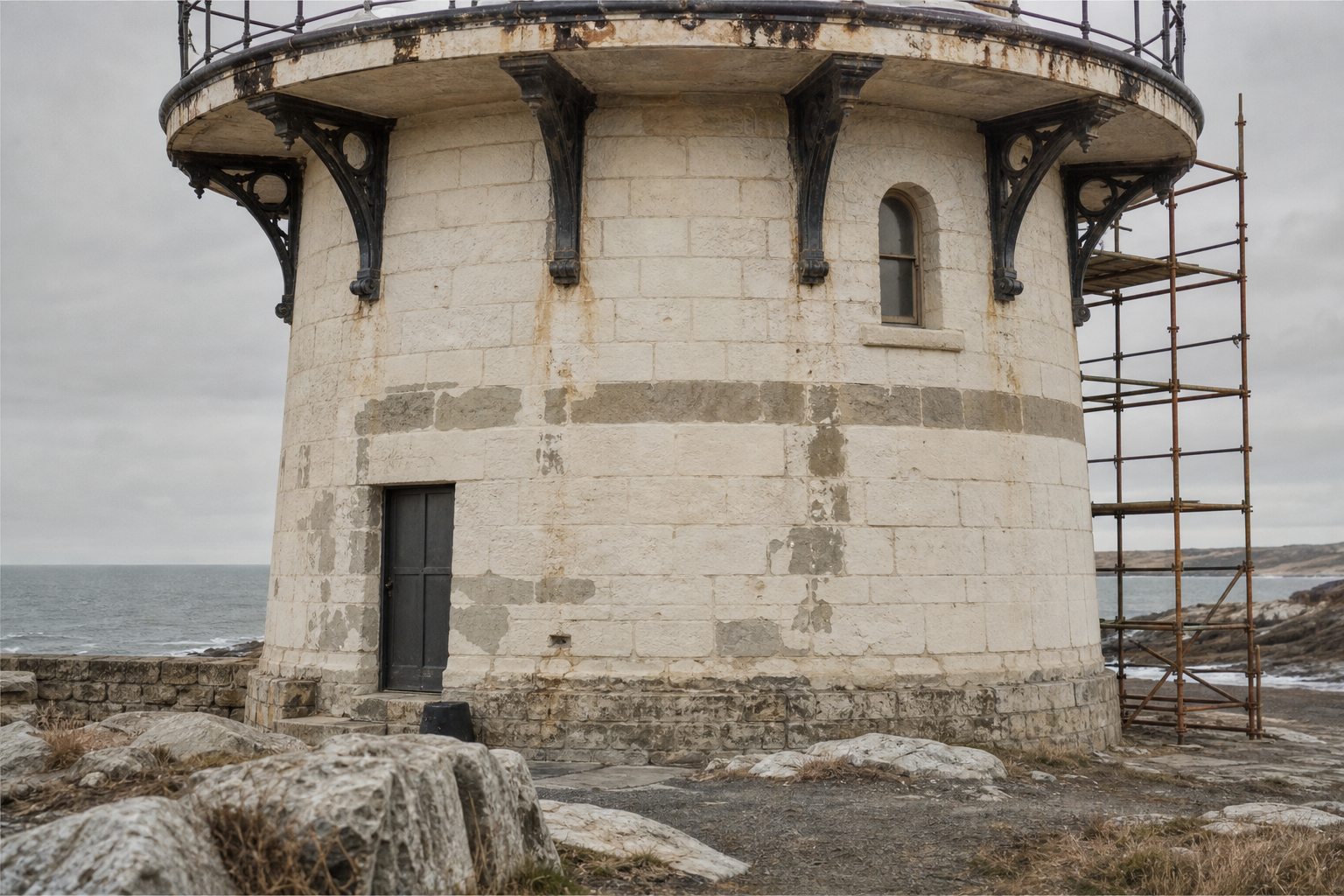 Close view of a preserved coastal lighthouse base with restored masonry, weathered iron brackets, and conservation scaffolding details