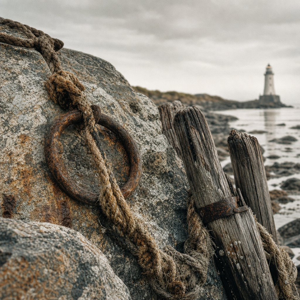 Close shoreline detail showing salt-worn rocks, frayed rope, and storm-marked timber posts under overcast coastal light