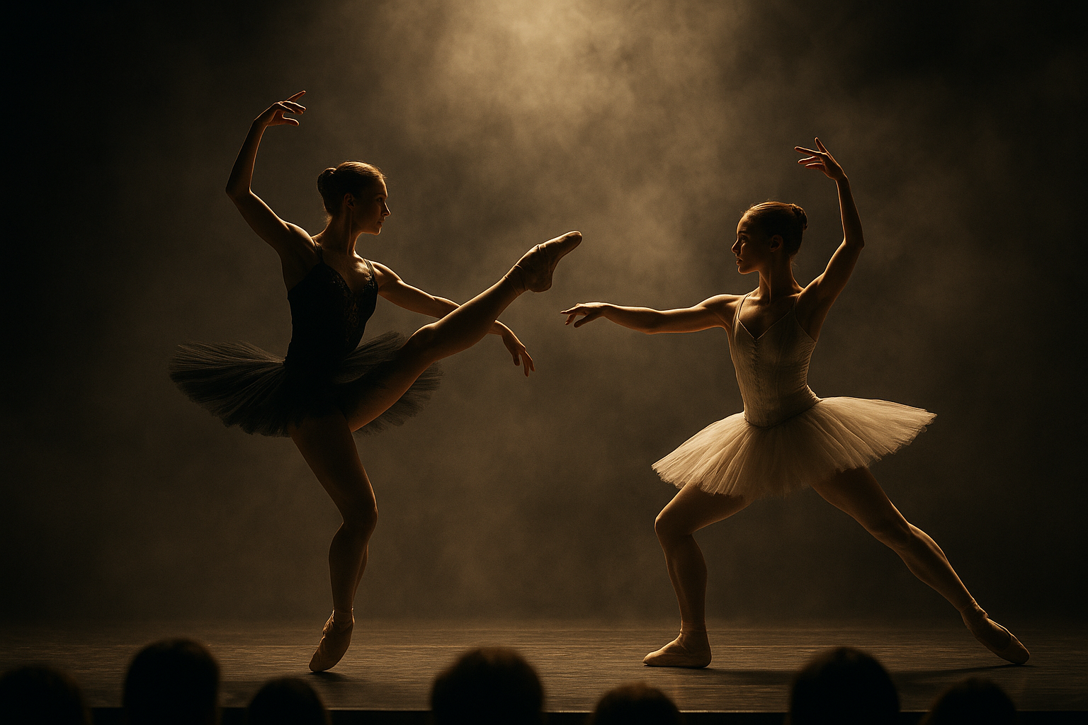 Realistic theatrical performance photo of elite ballerinas in dramatic mid-performance poses on a lit stage with spotlight haze, bold costume silhouettes, energetic motion, and an audience-facing viewpoint