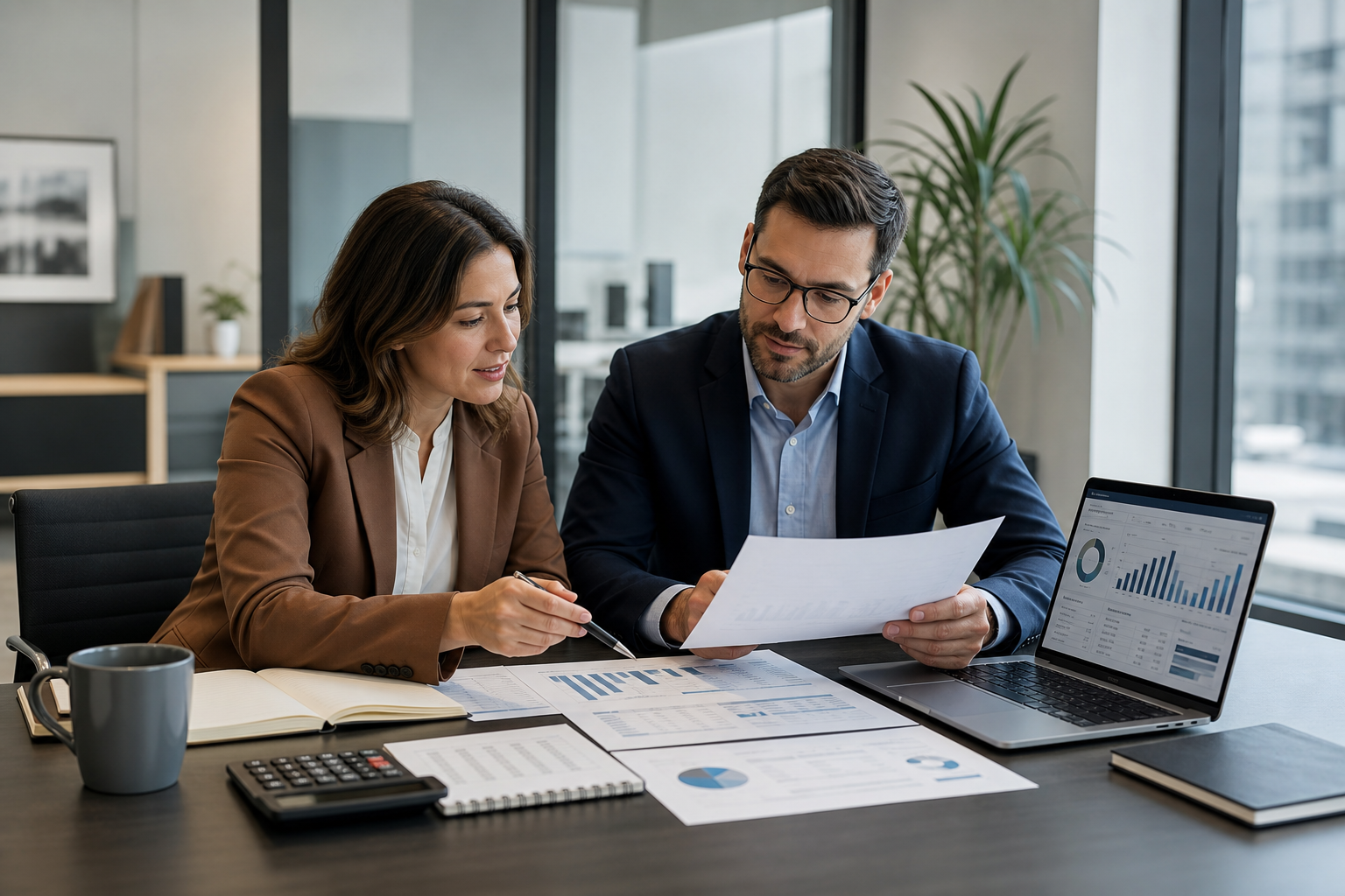 Two business professionals reviewing financial reports and planning next-quarter priorities at a conference table