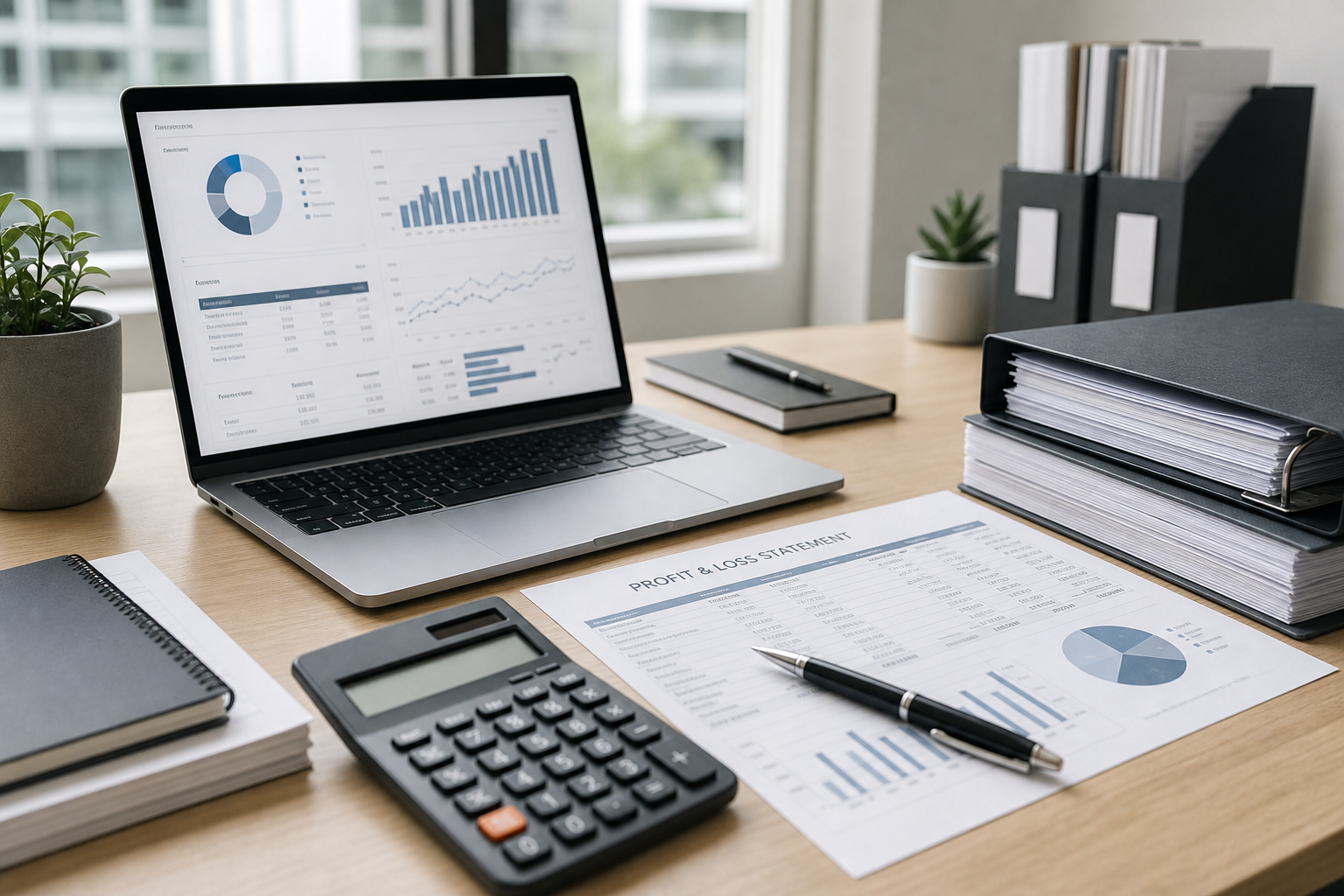 Professional accountant workspace with financial reports, calculator, and laptop in a clean office