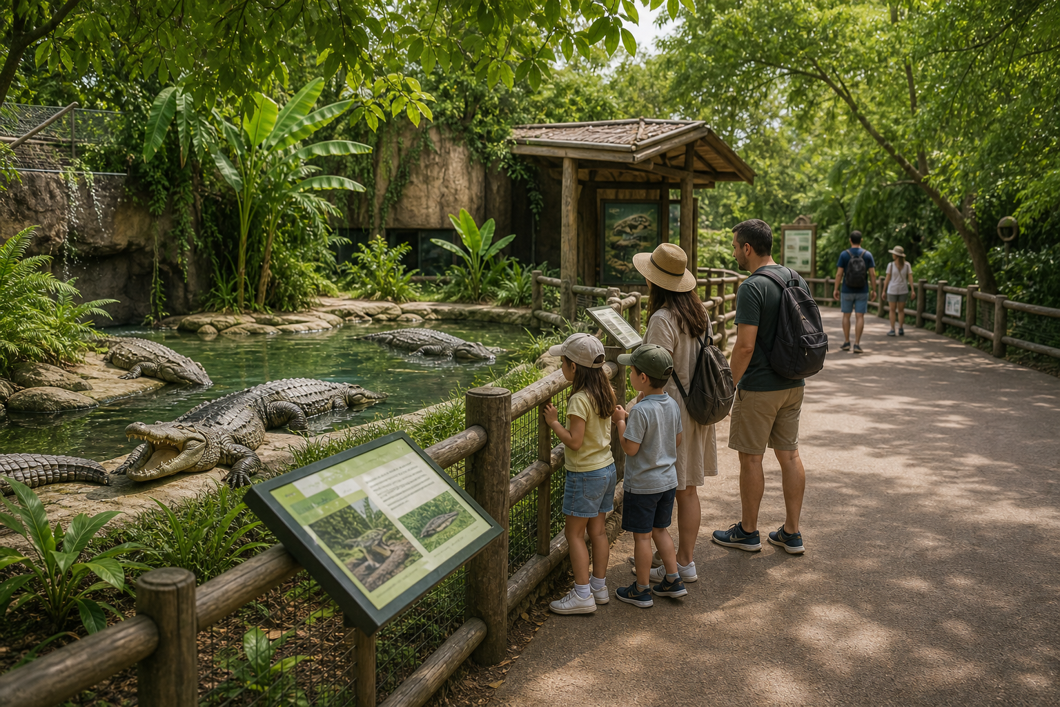 Calm visitor walkway beside a crocodile habitat with shaded paths and educational signs