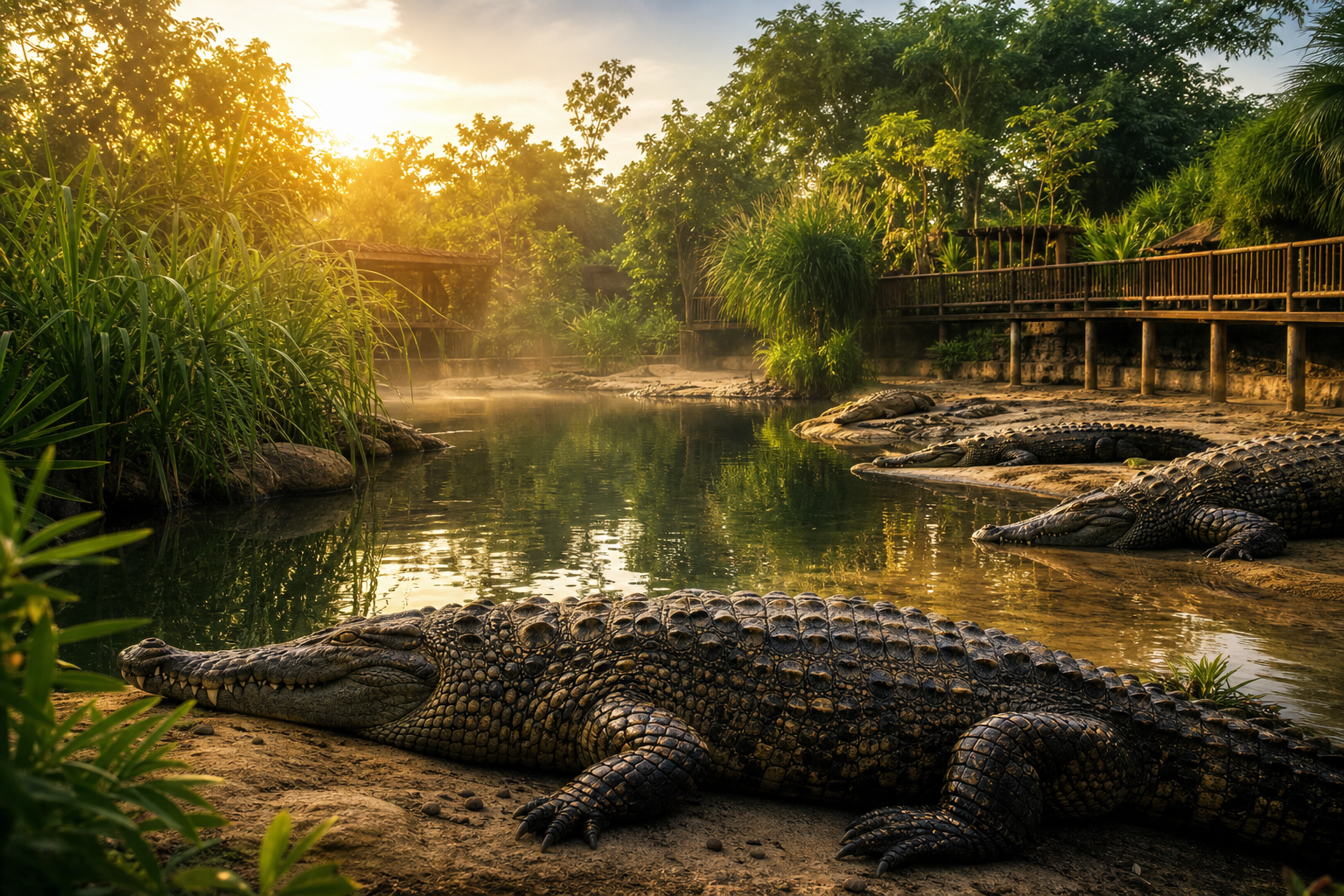 Wide tropical crocodile habitat with calm water, dense reeds, warm sunlight, and a few crocodiles resting near the shoreline