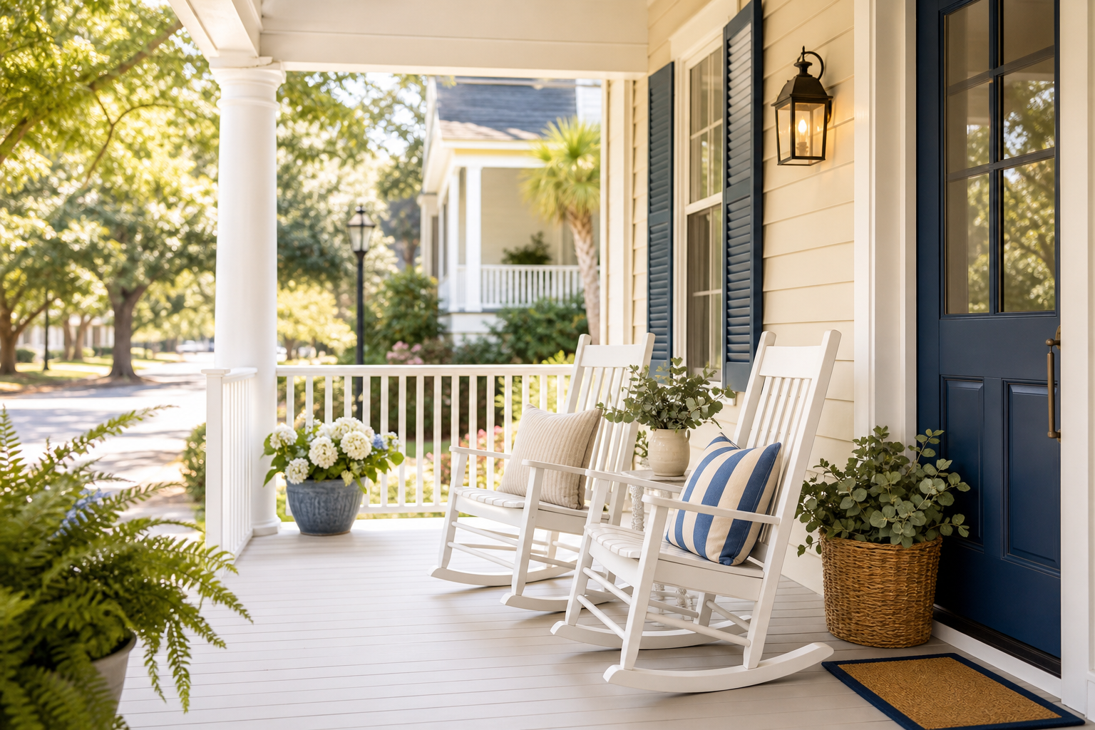 Cozy Greenville front porch with white rocking chairs, light cream siding, and gentle morning sunlight