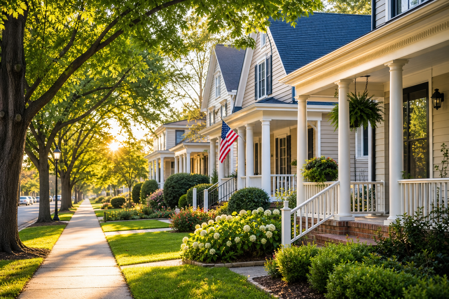 Warm morning view of a Greenville neighborhood street with mature trees, front porches, and soft golden light