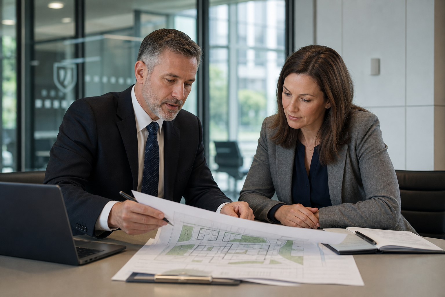 A composed security consultant reviewing facility plans with a university administrator in a modern briefing room