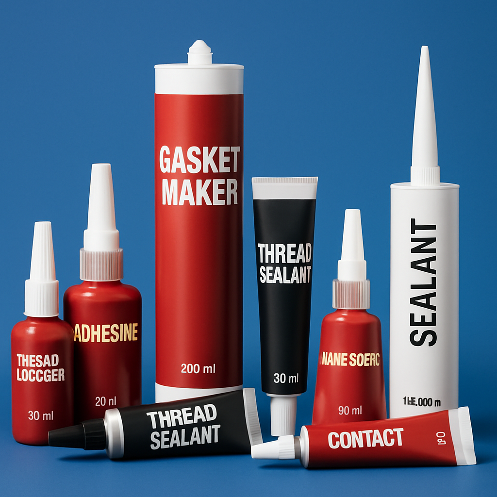Mechanical adhesives and sealants in tubes and bottles, arranged on a blue background