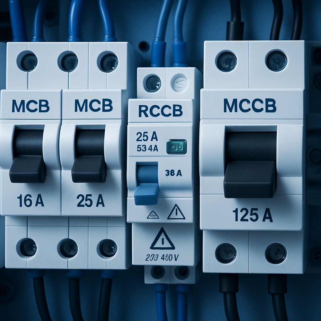 Close-up of various circuit breakers (MCB, RCCB, MCCB) mounted in an organized electrical panel with visible wiring and safety labels