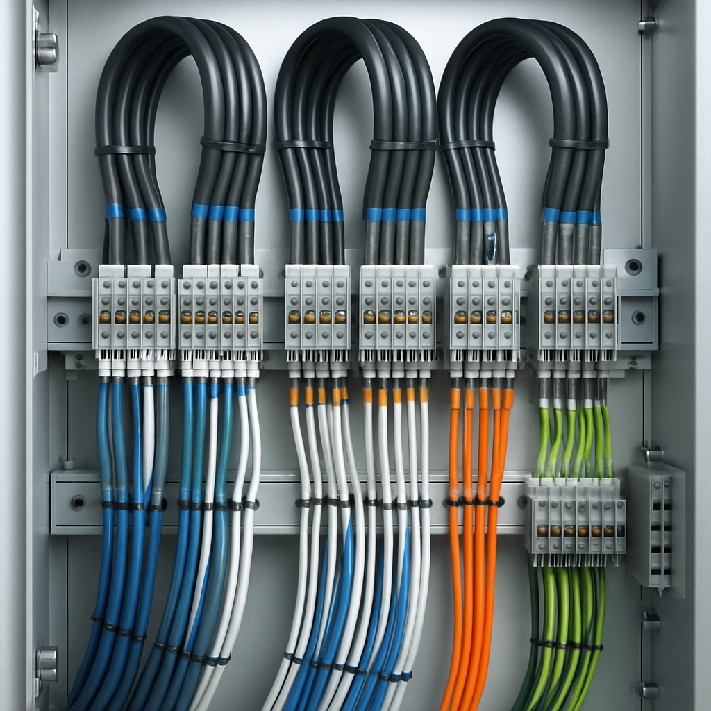 Industrial control and instrumentation cables installed in a modern automation control cabinet, showing neatly bundled wires and terminal connections