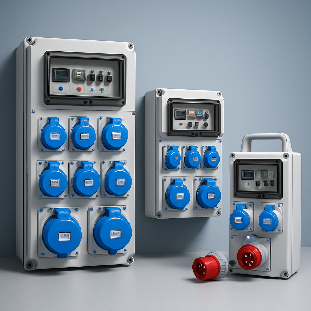 Modern sub main distribution boards and portable socket distribution boxes for industrial and marine use, showing modular sockets and control panels