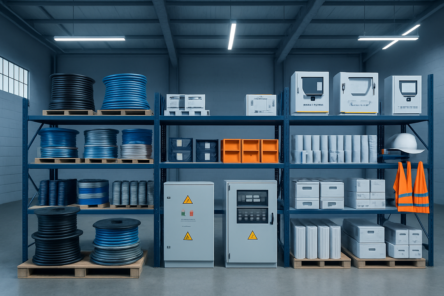Industrial-grade electrical supplies: cables, panels, lighting, and safety equipment in a modern warehouse environment