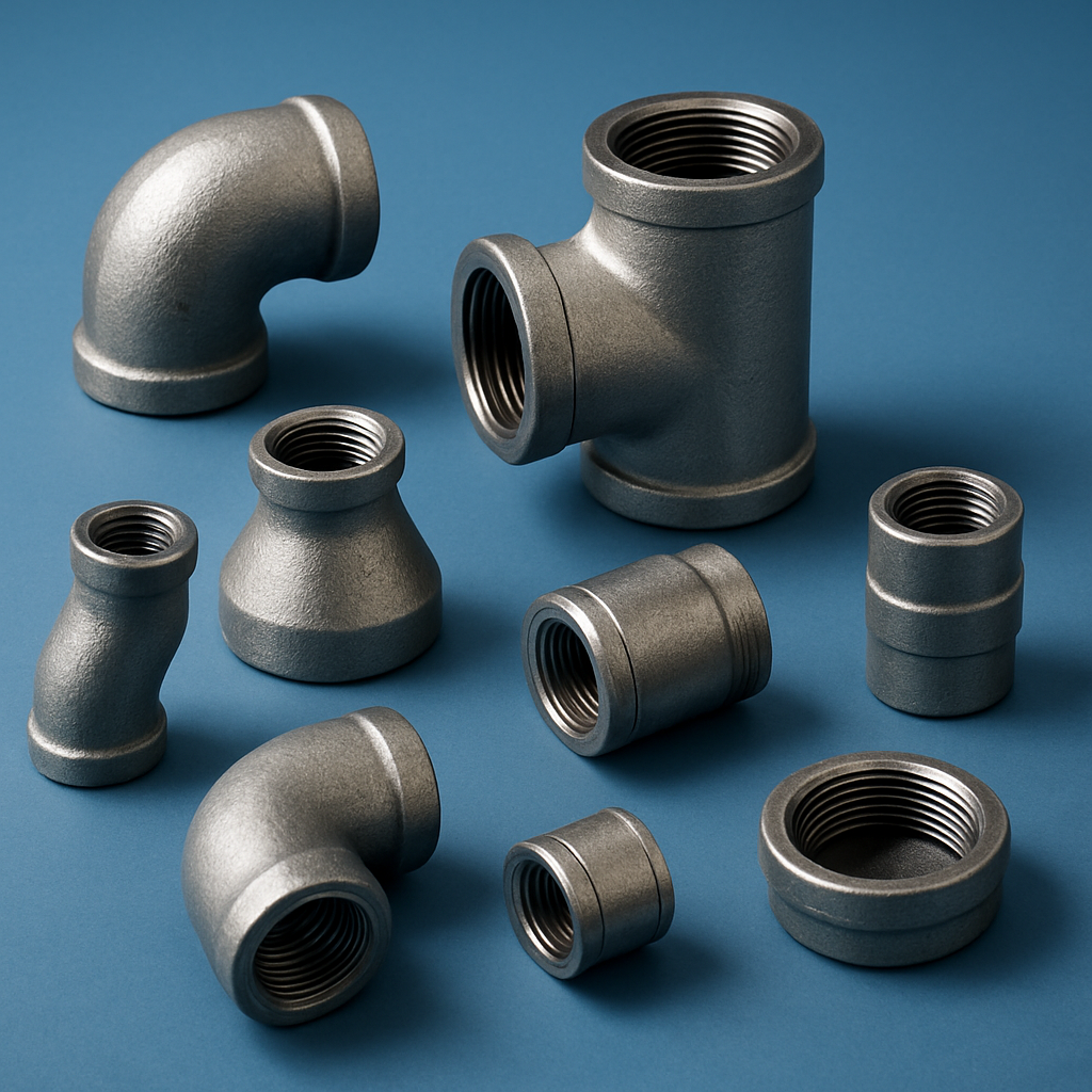 Assorted mechanical pipe fittings including elbows, reducers, and tees, arranged on a clean blue background