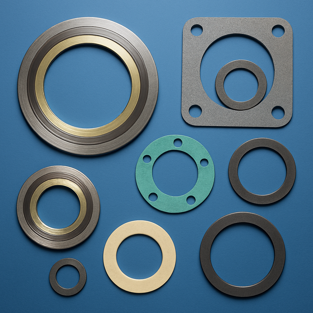 Assorted industrial gaskets displayed neatly on a blue background
