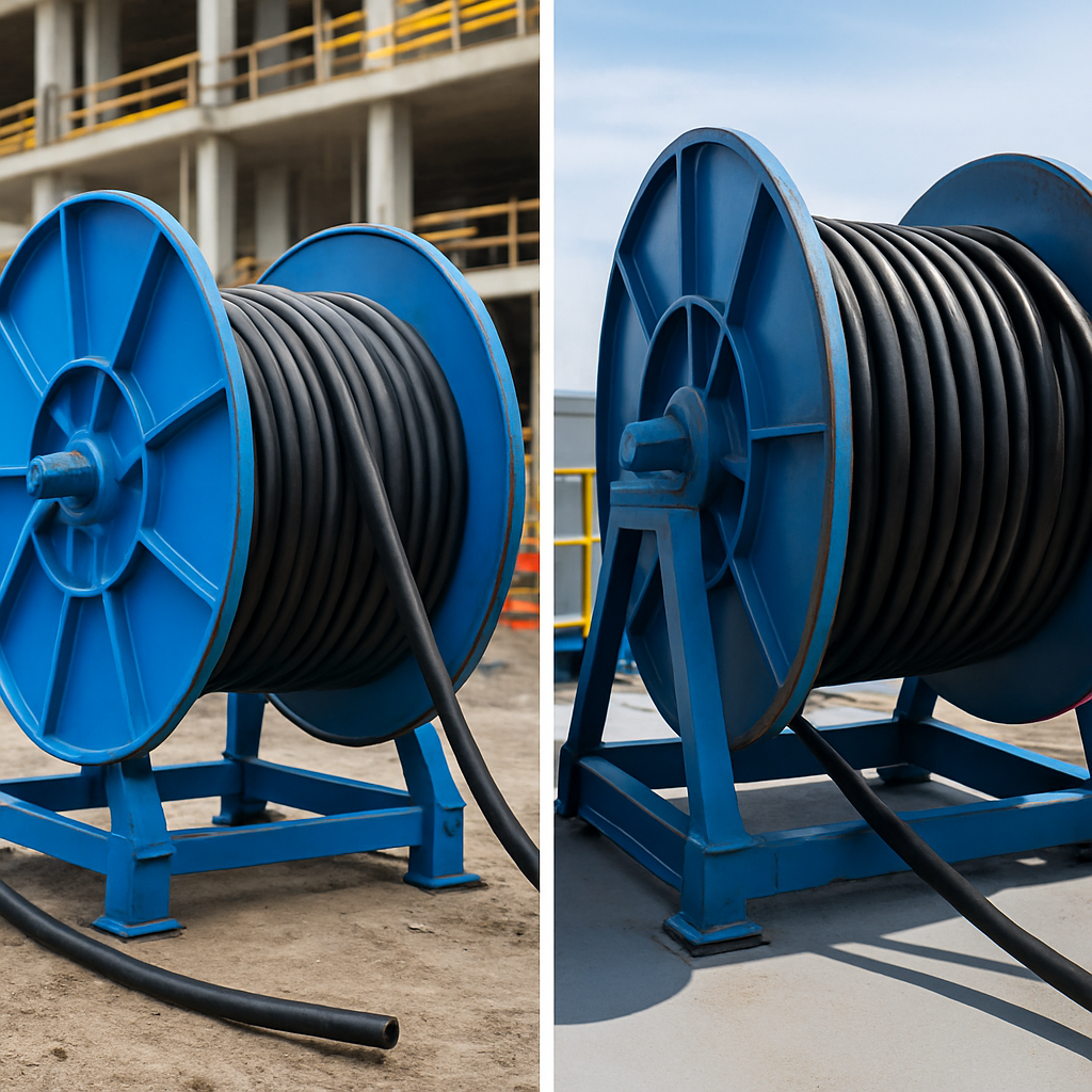Heavy-duty industrial and marine cable reels in use on a construction site and offshore vessel, with cables being wound and unwound