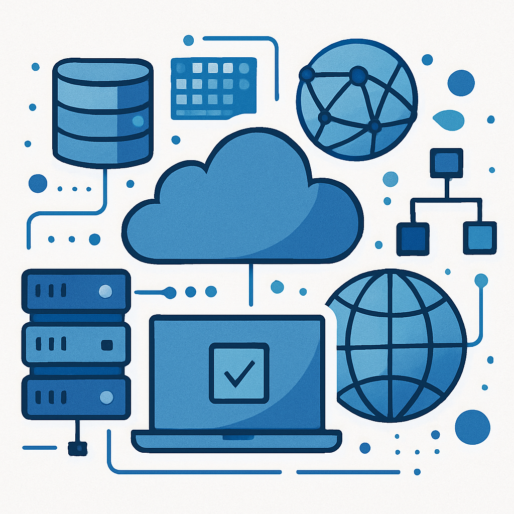 Abstract illustration representing IT services and digital connectivity, featuring servers, cloud, data, and network symbols in a professional blue corporate style
