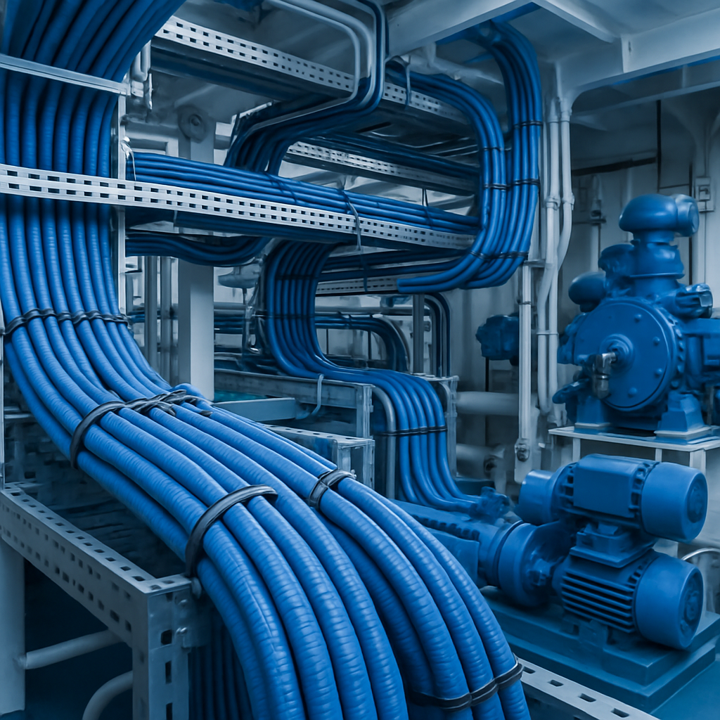 Marine-grade cables installed in a shipbuilding or offshore platform setting, showing cables routed through cable trays and marine equipment