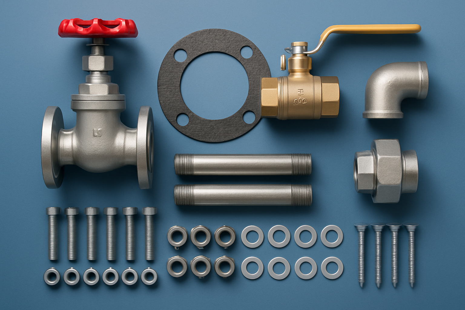 Industrial mechanical supplies: assortment of valves, pipes, and fittings on a clean blue background, professional lighting