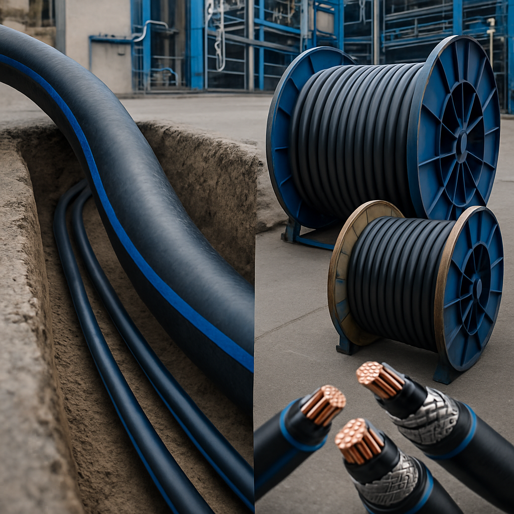 Heavy-duty rubber, PVC, and armored power cables laid out in an industrial setting, including underground trench installation and cable drums