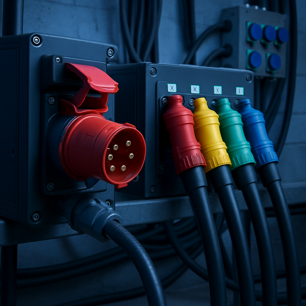 CEE industrial plugs and Powerlock connectors connected in a rugged industrial environment, with visible cabling and power distribution boxes nearby
