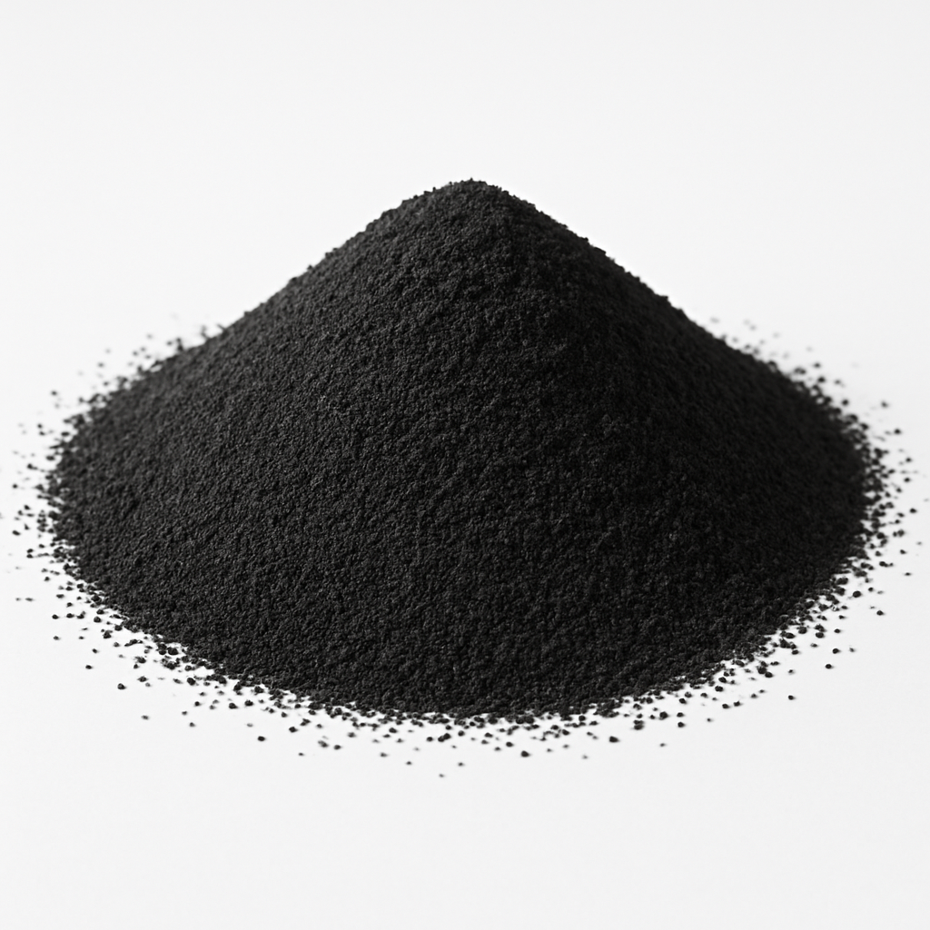 Professional pile of fine rubber crumb powder (30 & 40 mesh), clean granules, on a white background, symbolizing recycled tire rubber for industrial use