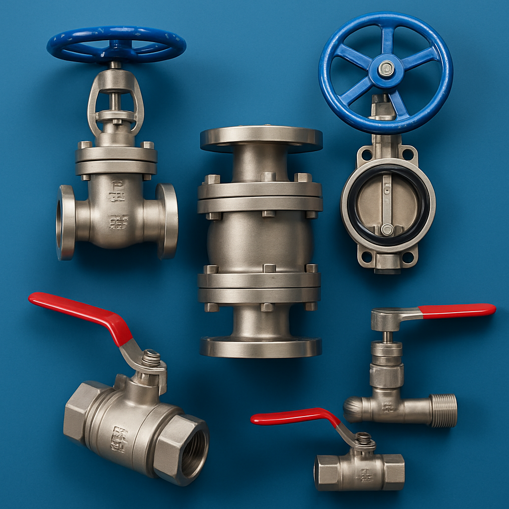 Industrial valves of various types, cleanly arranged on a corporate blue background