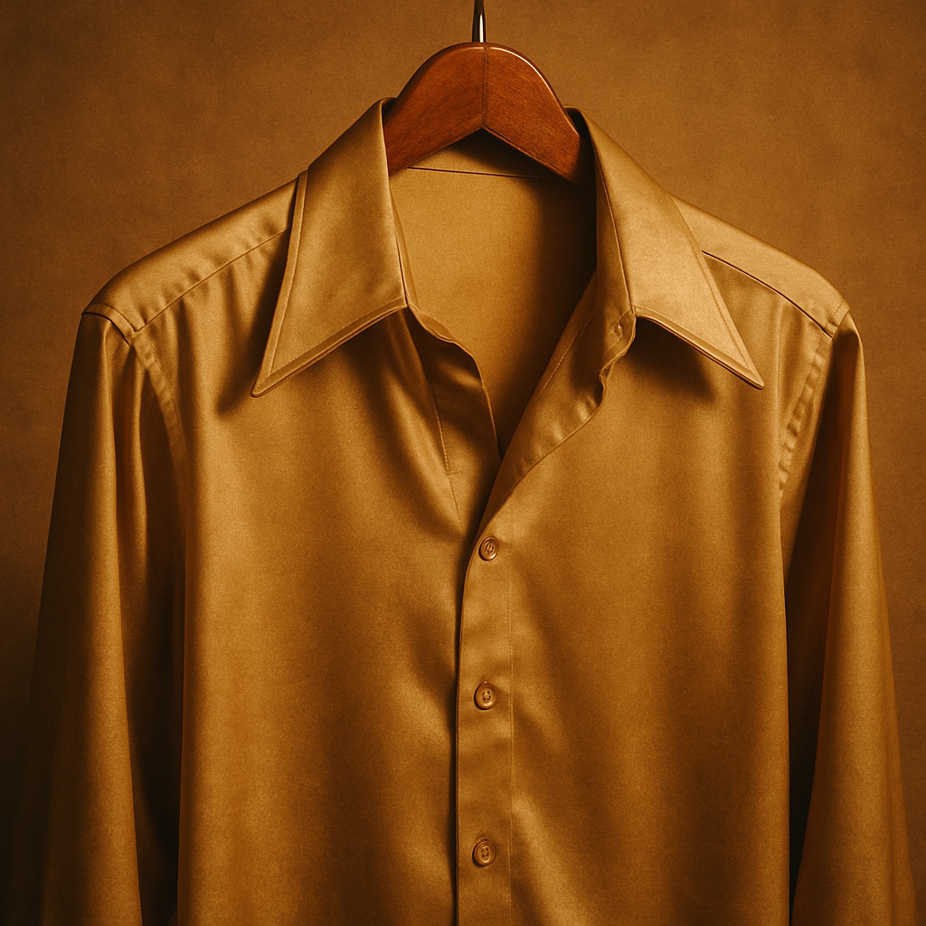 Glossy 1980s disco shirt in muted gold with an exaggerated collar and satin sheen, styled on a hanger in warm studio light.