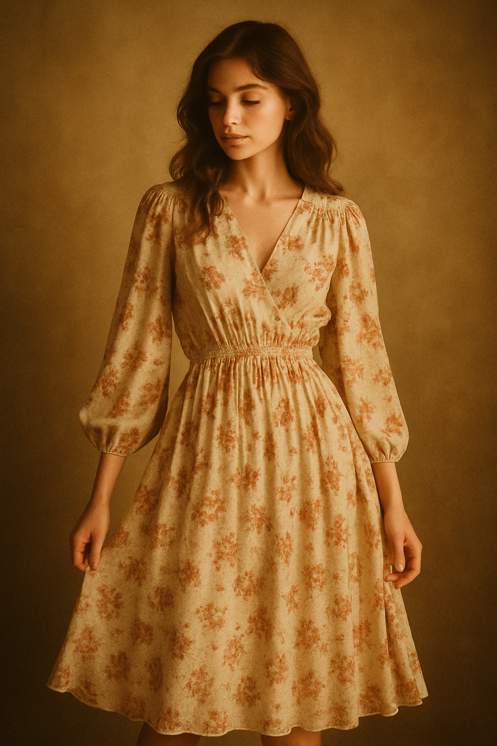 Flowy 1980s midi dress in faded cream with rust floral pattern and soft drape, captured in warm film-style lighting.