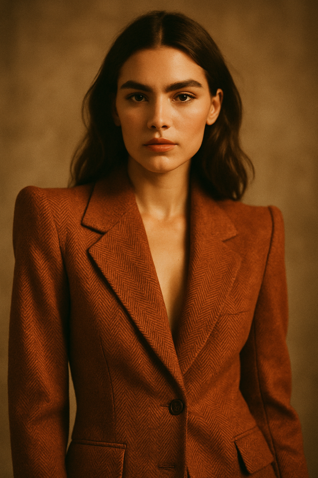 Cinematic portrait of a model wearing a bold 1970s statement jacket with rust and tobacco tones, tailored shoulders, and textured wool, shot in warm film light.