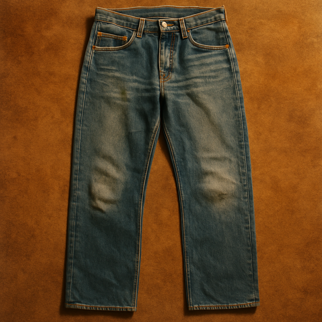 Faded 1970s straight-leg denim jeans in soft indigo with worn knees and stitched pockets, photographed flat-lay on a warm textured surface.