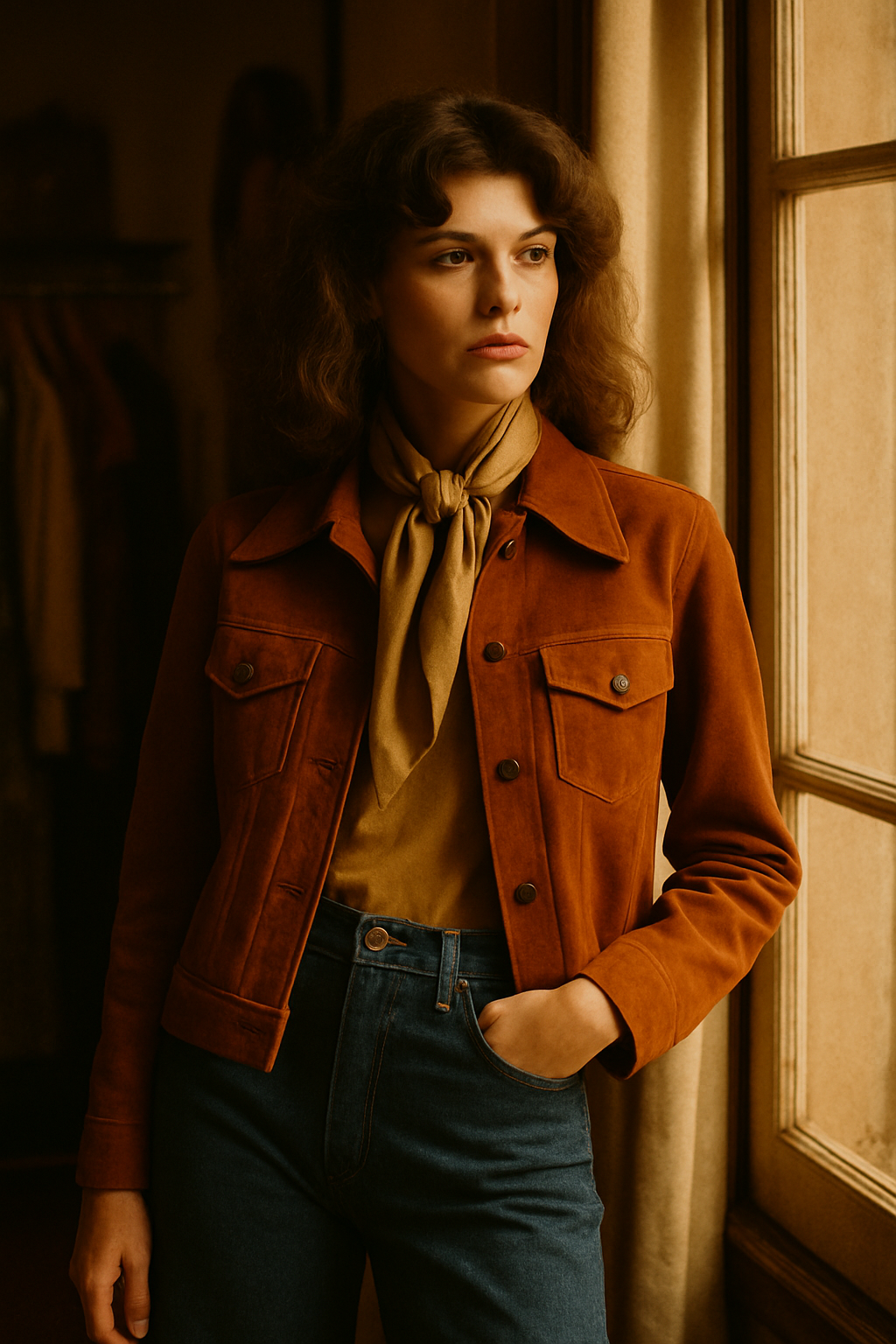 Editorial film-style portrait of a vintage fashion model wearing a rust suede jacket, wide-leg denim, and a gold scarf, posed in warm window light