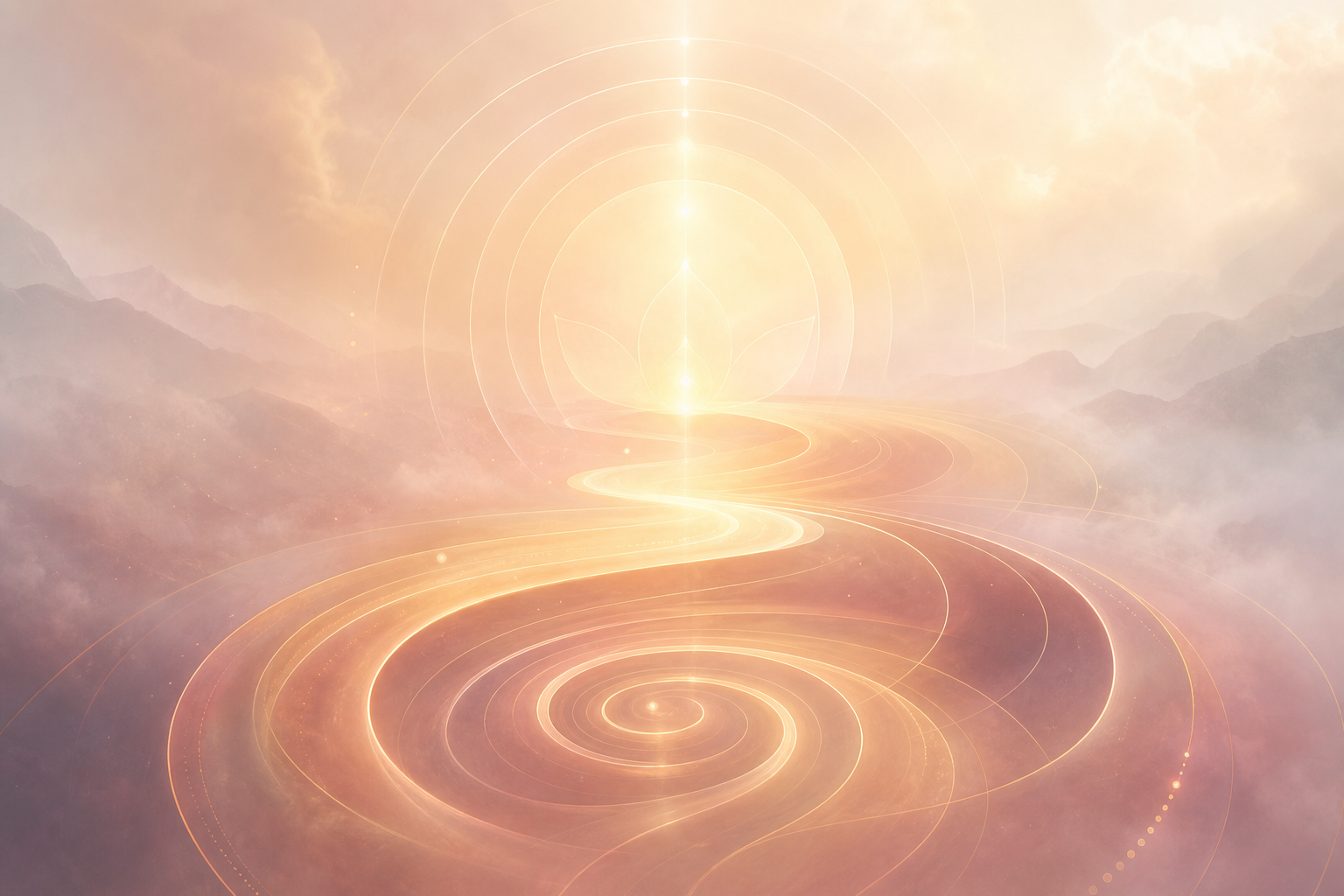 Luminous abstract sacred-path motif with flowing concentric light arcs, soft gold and rose glow, and misty dawn atmosphere