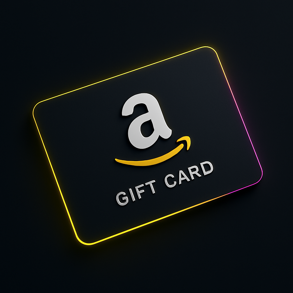 Matte black Amazon gift card with neon yellow glow and subtle pink stripe