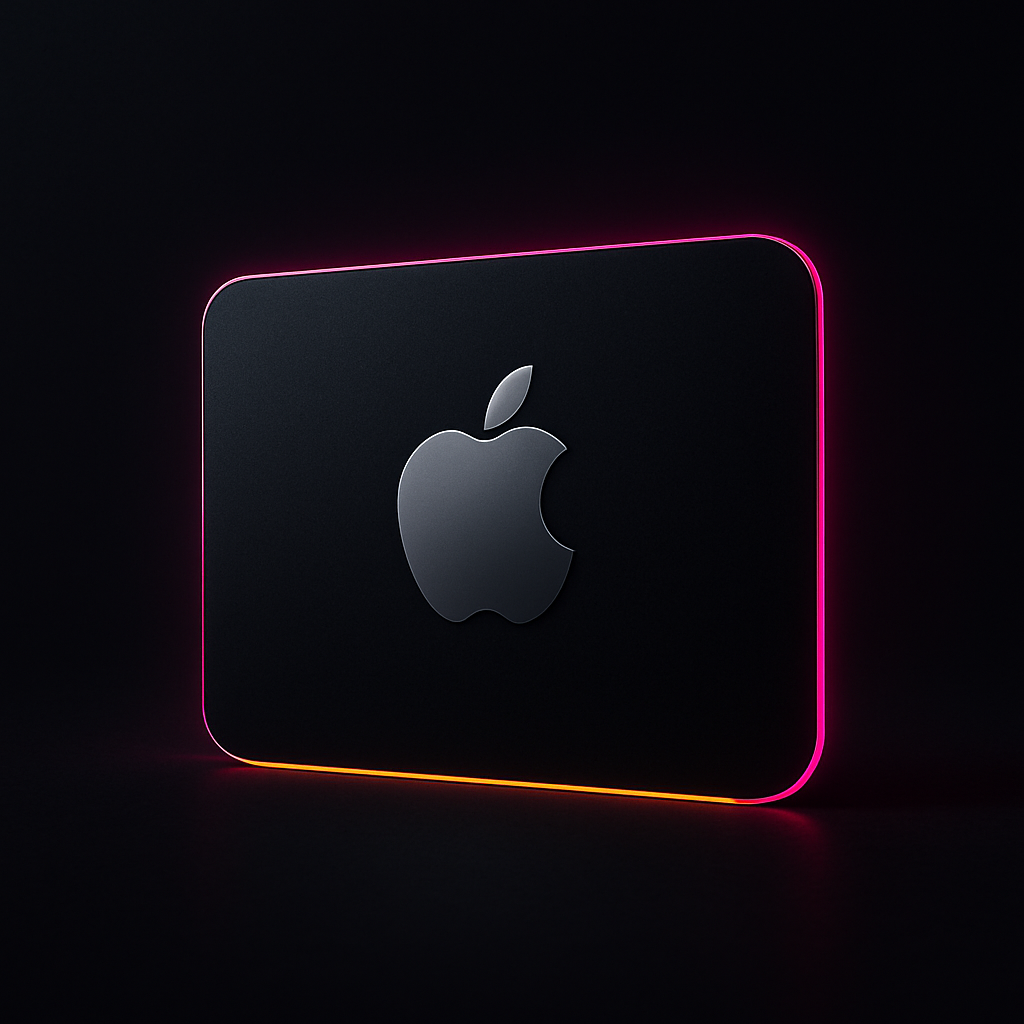 Black Apple gift card with sleek neon pink edge glow and subtle yellow accent