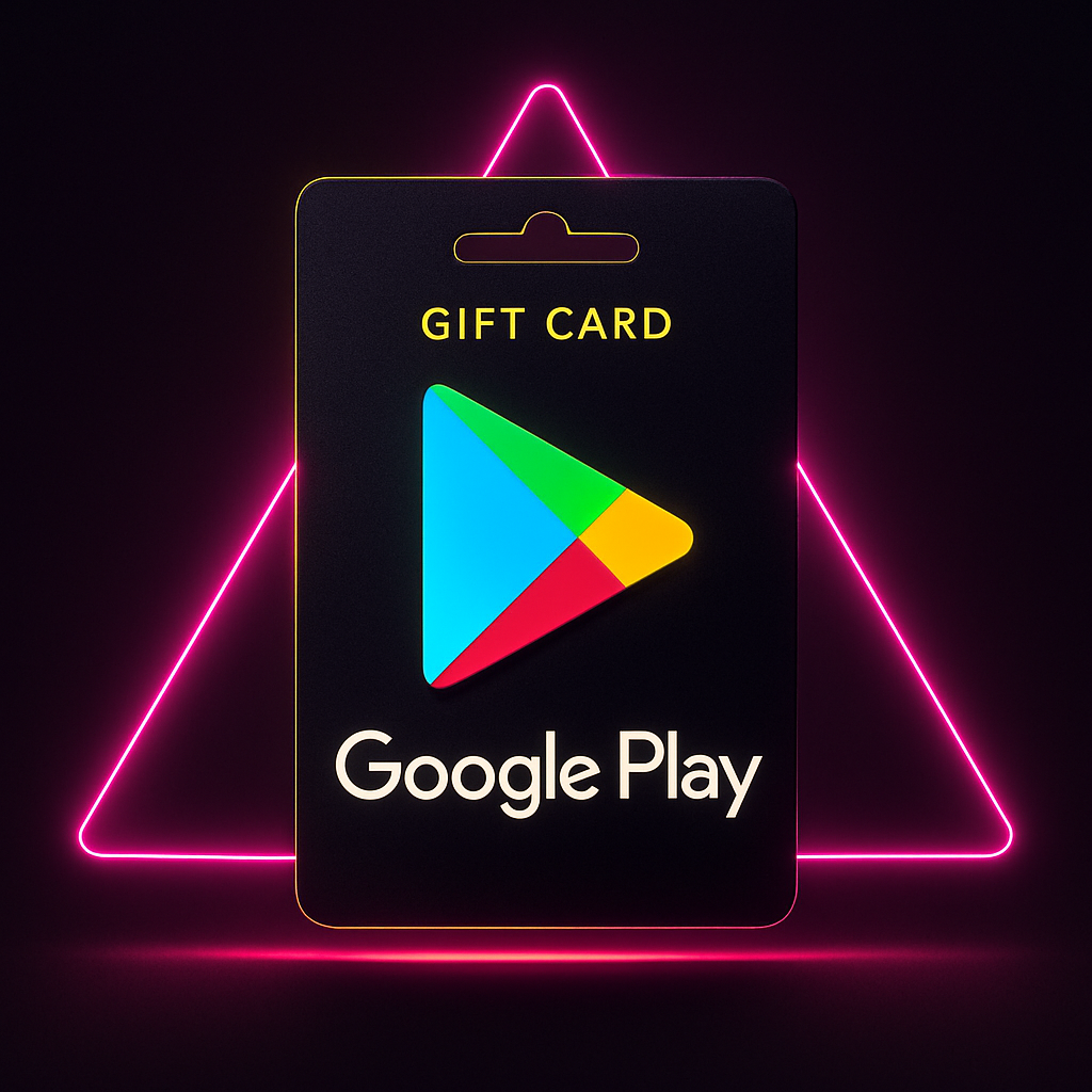 Dark Google Play gift card with neon pink triangle glow and yellow highlights