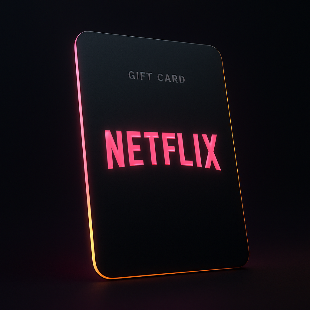 Matte black Netflix gift card with neon pink glow and subtle yellow gradient edges