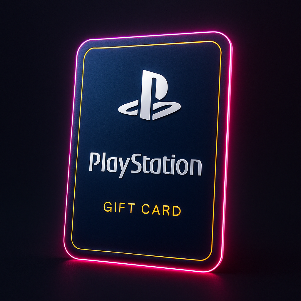 Deep navy PlayStation gift card with electric pink neon edge glow