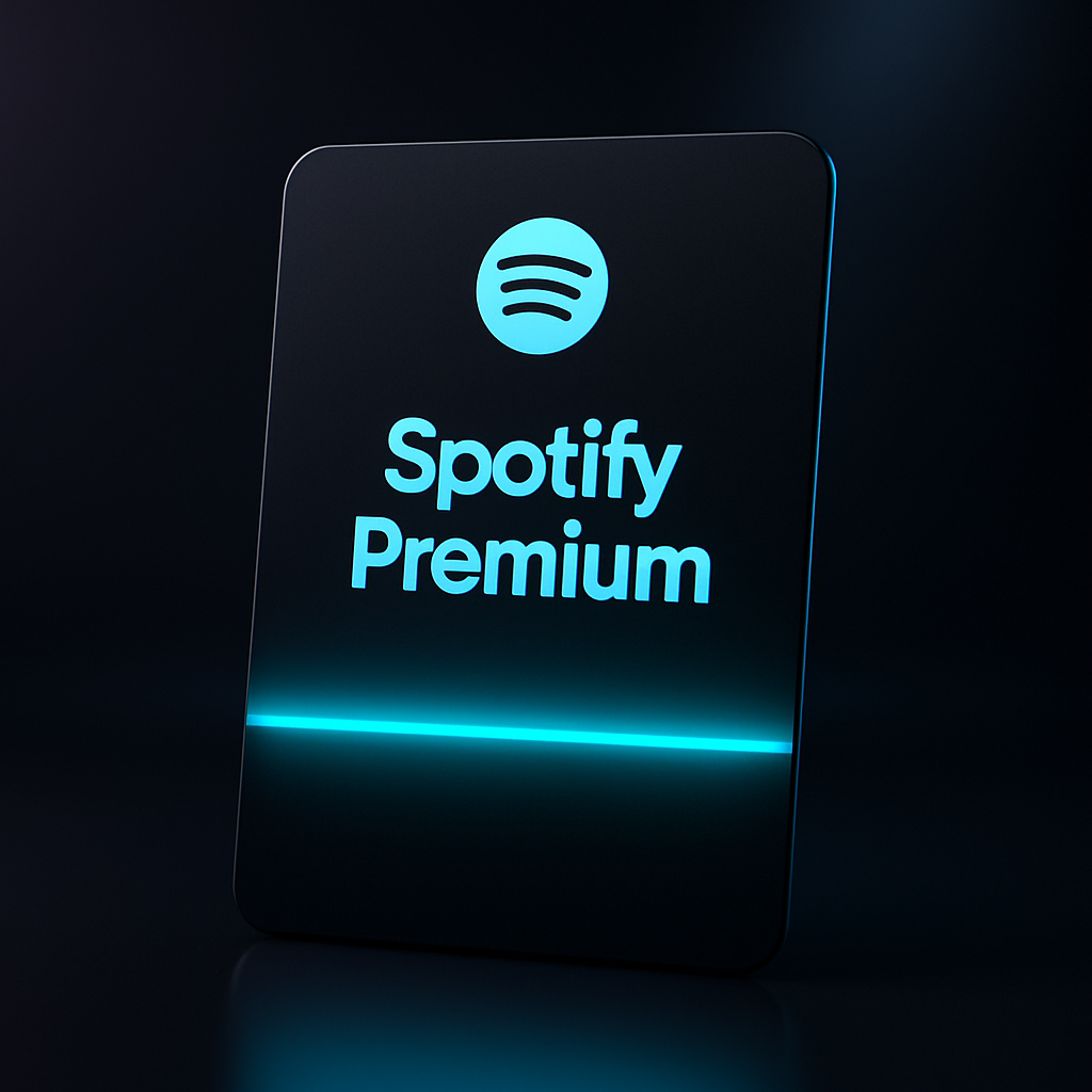 Sleek Spotify Premium digital card with a deep black surface and vibrant cyan glow