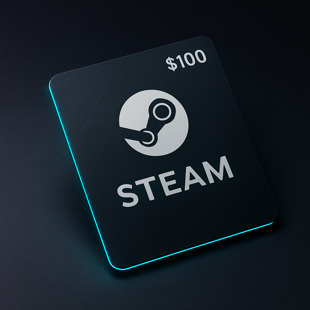 Modern Steam gift card mockup with a dark matte finish and teal neon accents