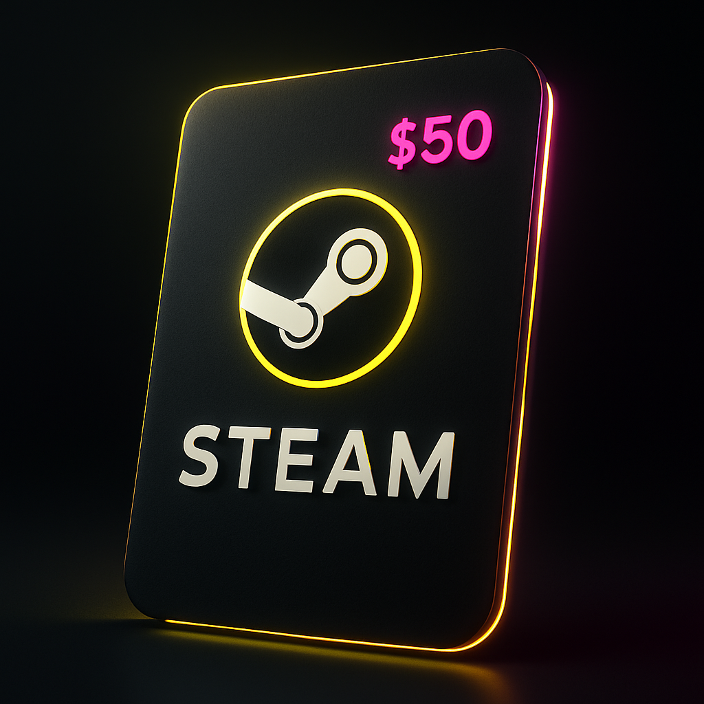 Matte black Steam gift card with neon yellow and pink accents, futuristic lighting