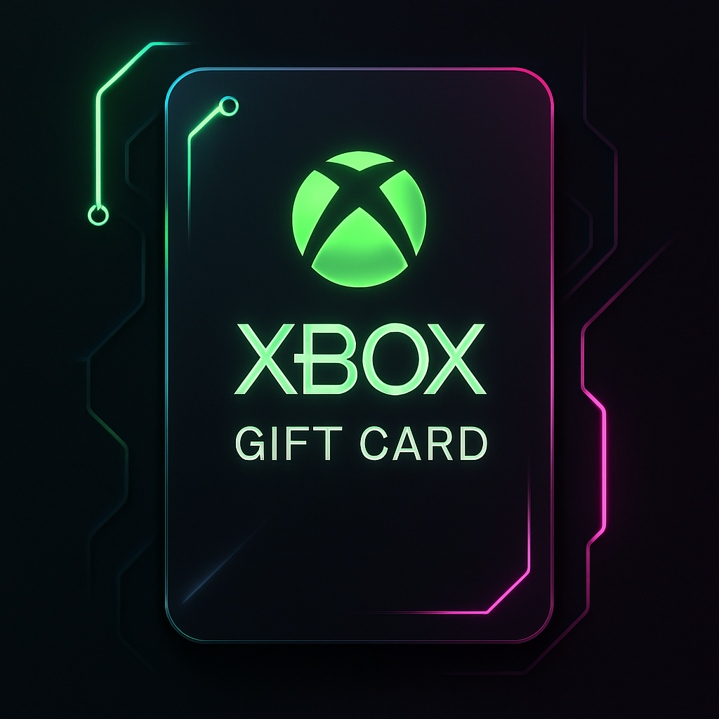 Charcoal Xbox gift card with neon green and pink circuit highlights