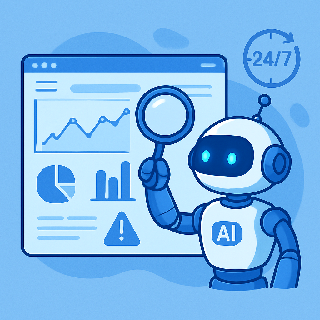 AI monitoring illustration showing a friendly robot scanning a website dashboard with graphs and alert icons