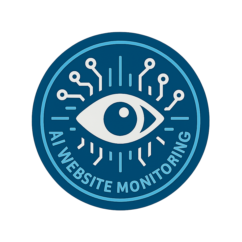 AI Website Monitoring Logo: circular blue icon with stylized eye and digital circuit lines in white