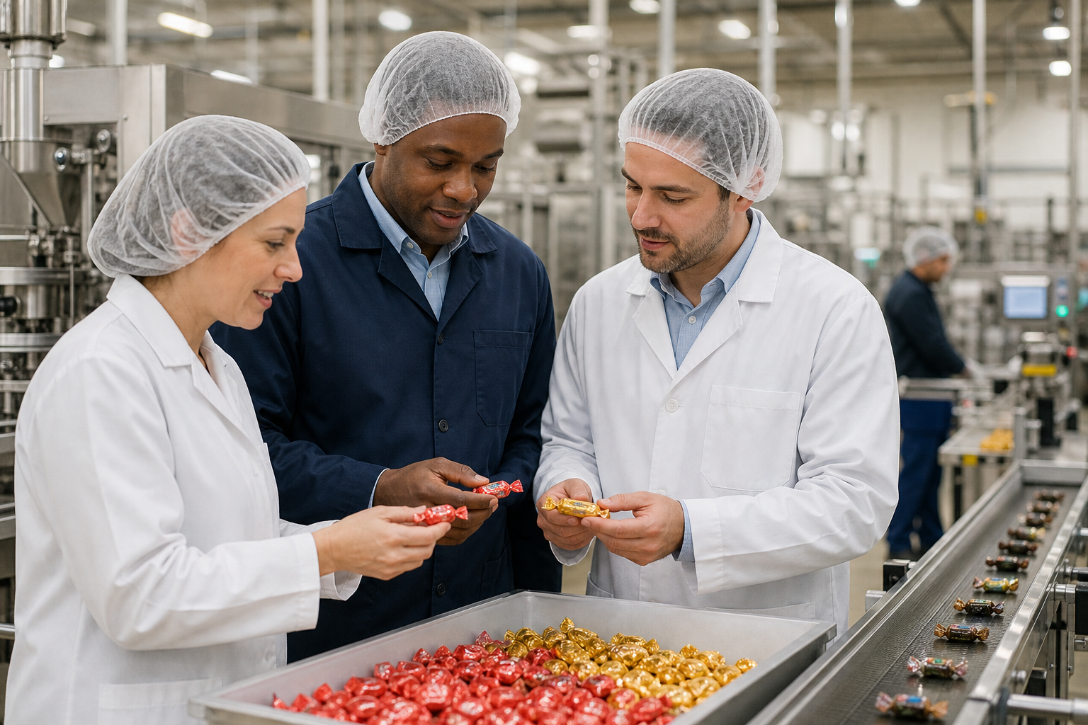 Small team in clean confectionery production area reviewing packaging workflow