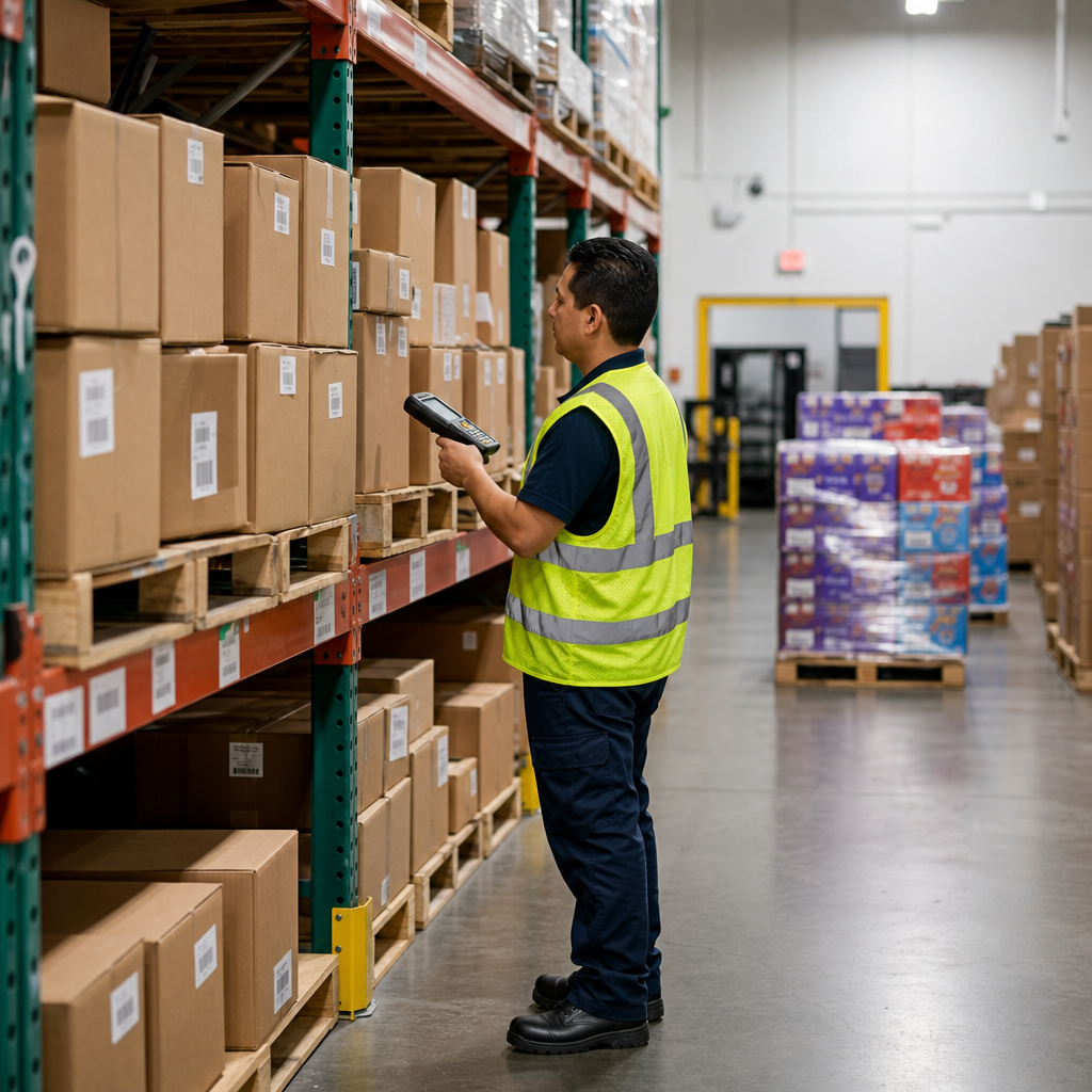 Compact warehouse aisle with stacked confectionery cartons and a worker scanning shipment labels