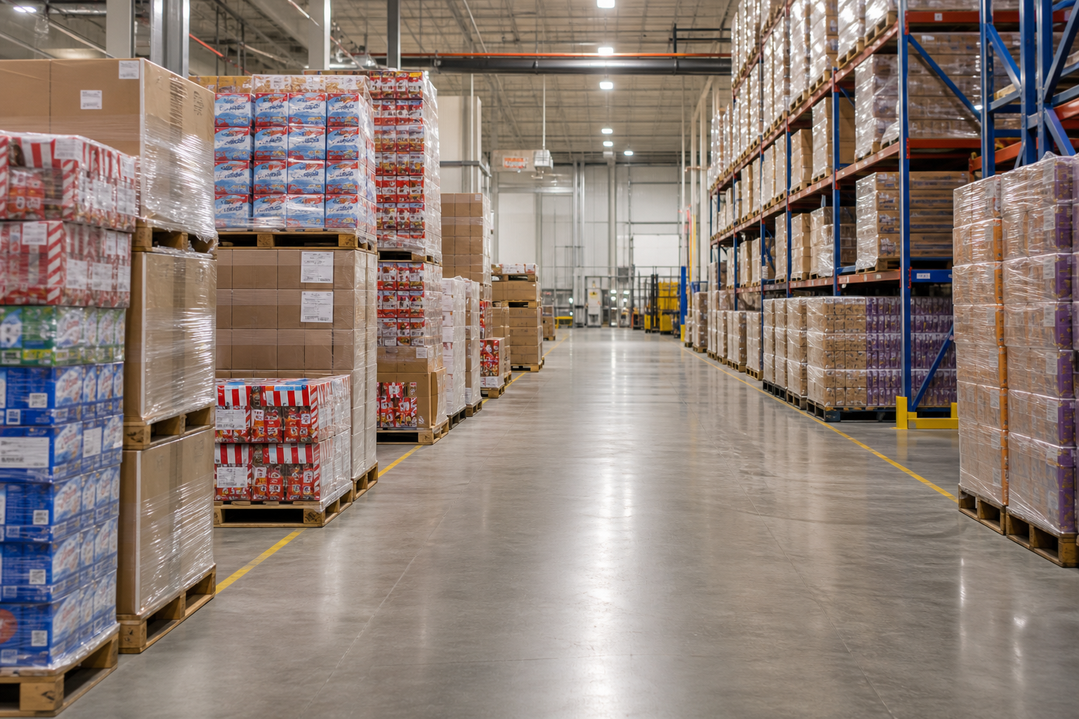 Professional view of a confectionery facility aisle with orderly packaging pallets, industrial shelving, and clean operational lighting
