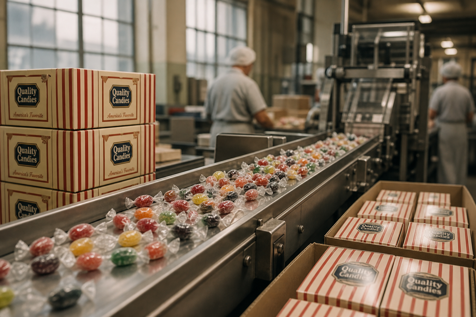 Archival-style confectionery packaging line scene with wrapped candies, cartons, and stainless production equipment in a calm industrial setting